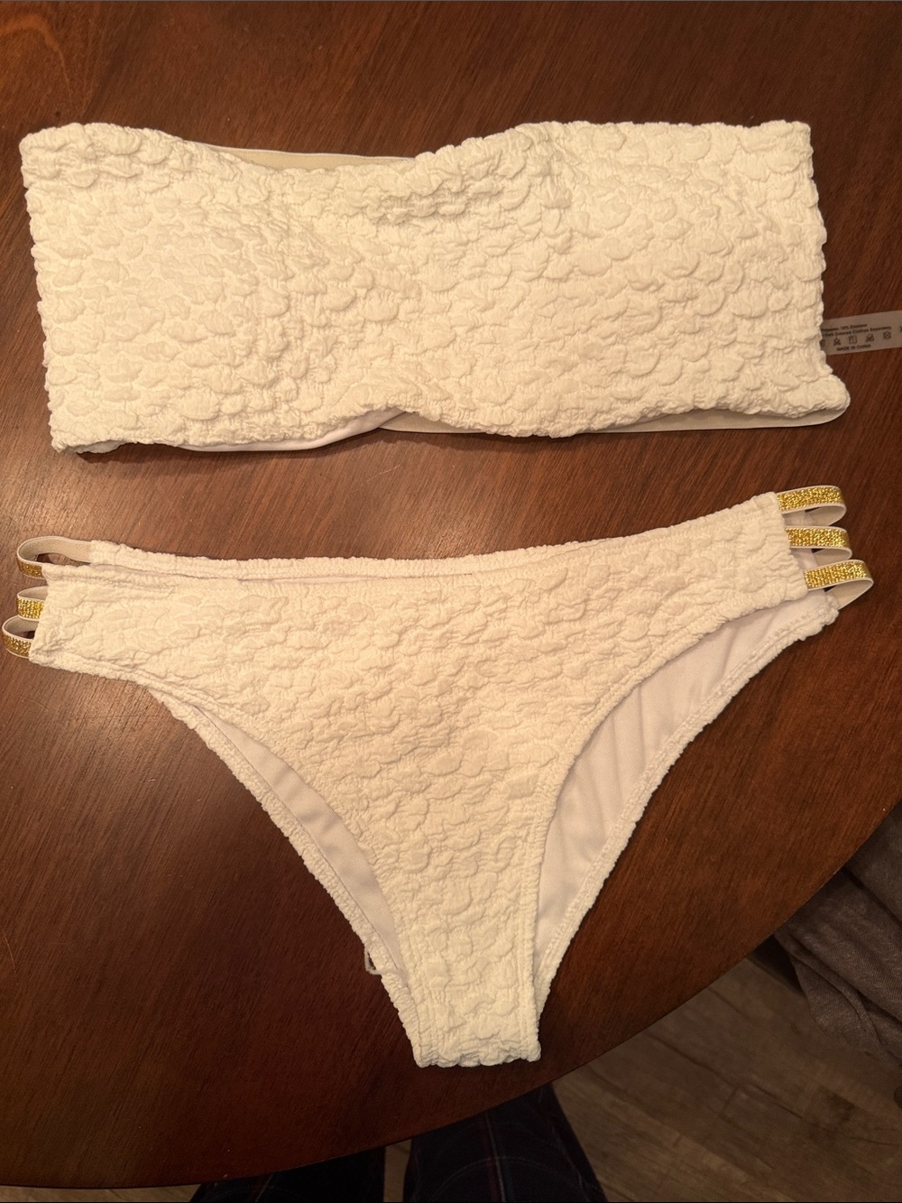 White Textured Bandeau Bikini Set with Gold Strap Accents